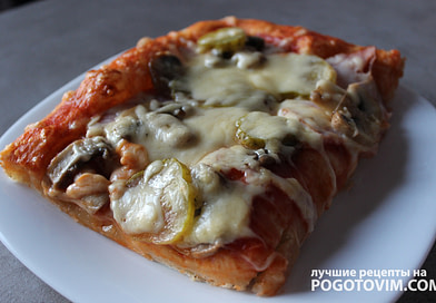 Пицца на пышном тесте с ветчиной и шампиньонами Рецепт